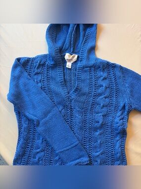 Talbots Royal Blue Cable Knit V-Neck Hooded Sweater